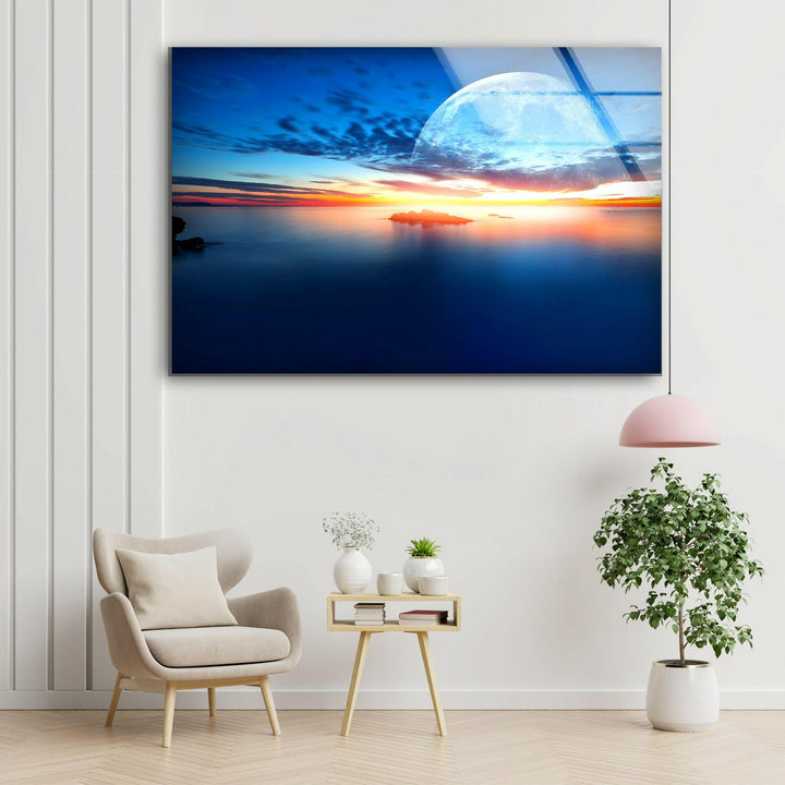 Sunset at Sea With Moon Glass Wall Art custom glass photo prints, large glass prints