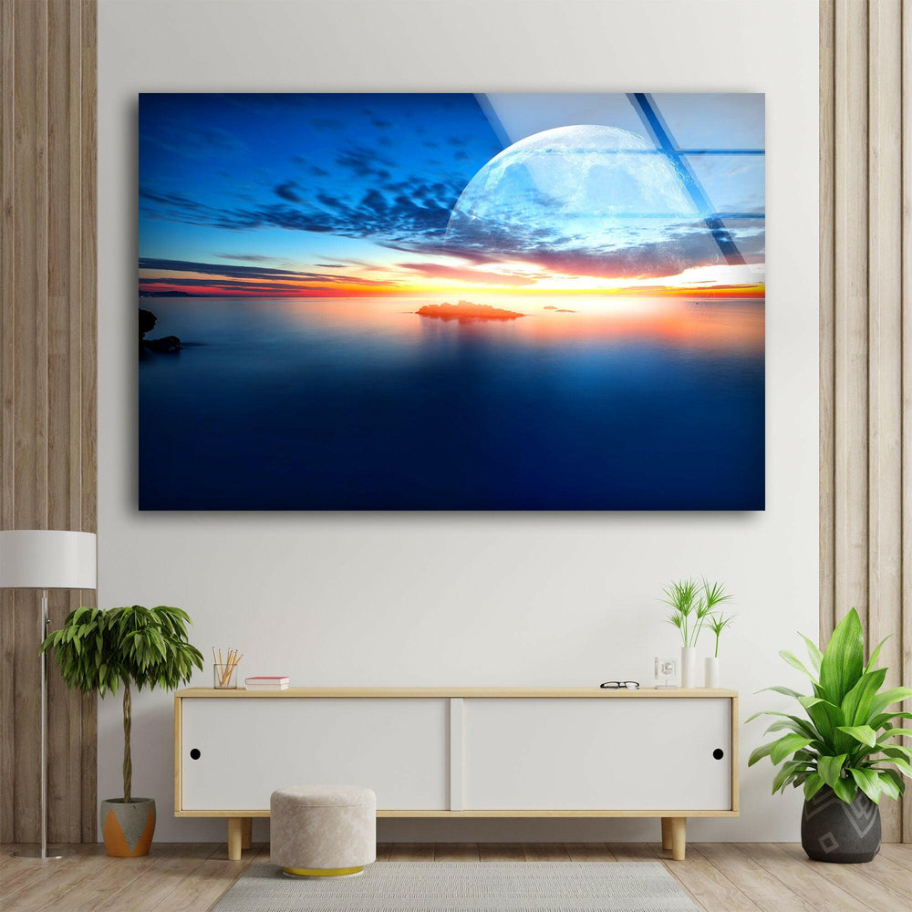 Sunset at Sea With Moon Glass Wall Art photo print on glass, prints on glass wall art