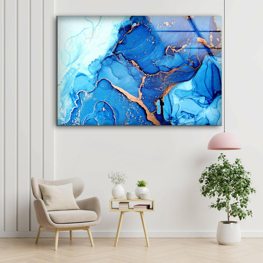 Blue and Gold Abstract Tempered Glass Wall Art - MyPhotoStation