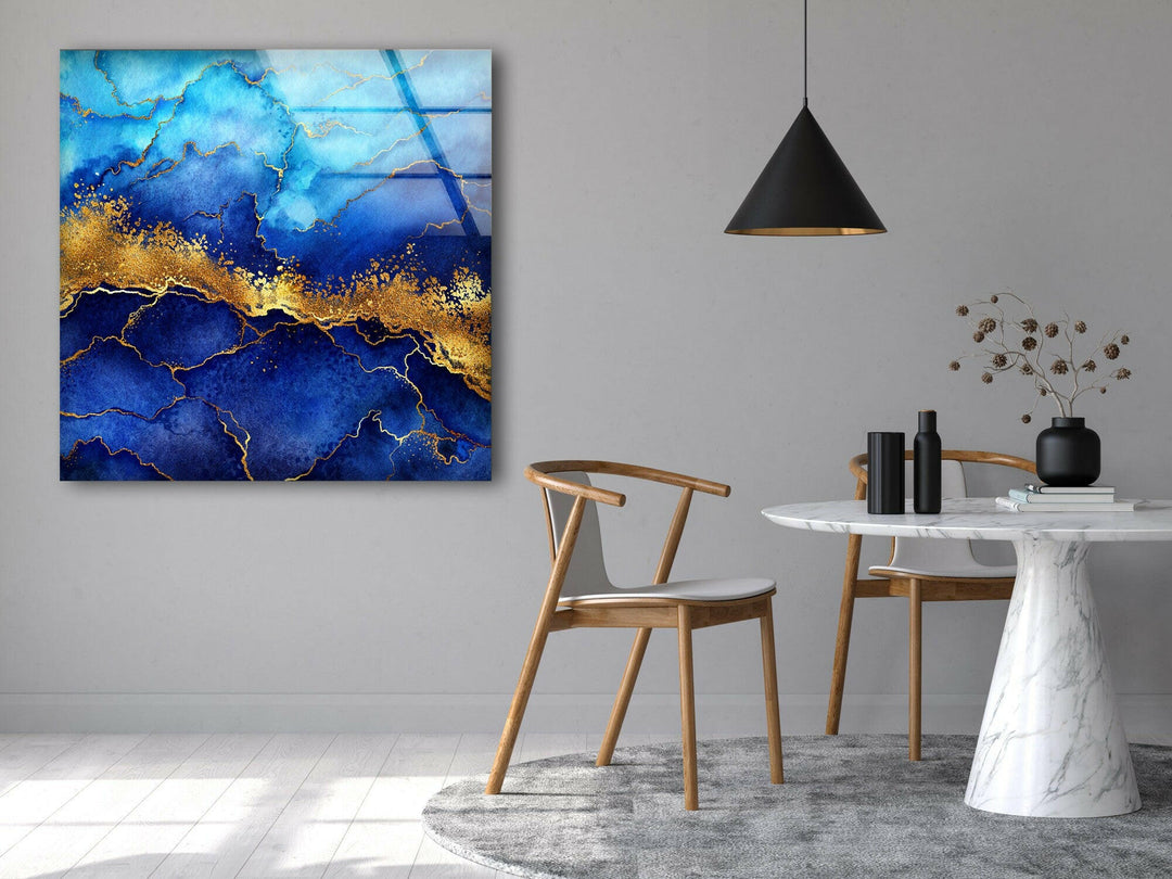 Blue and Golden Abstract Glass Wall Art glass image printing, glass prints from photos