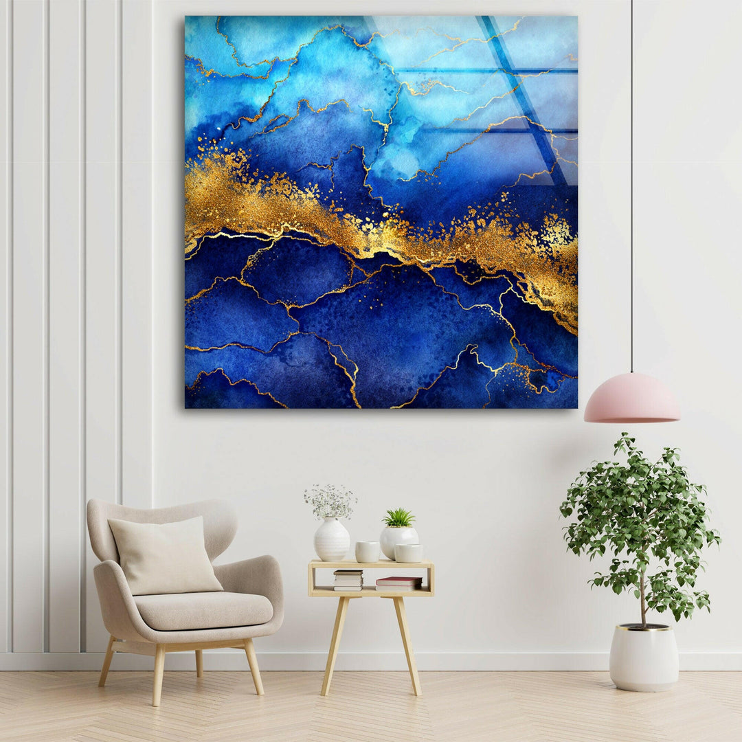 Blue and Golden Abstract Glass Wall Art Glass Printing Wall Art, Print photos on glass