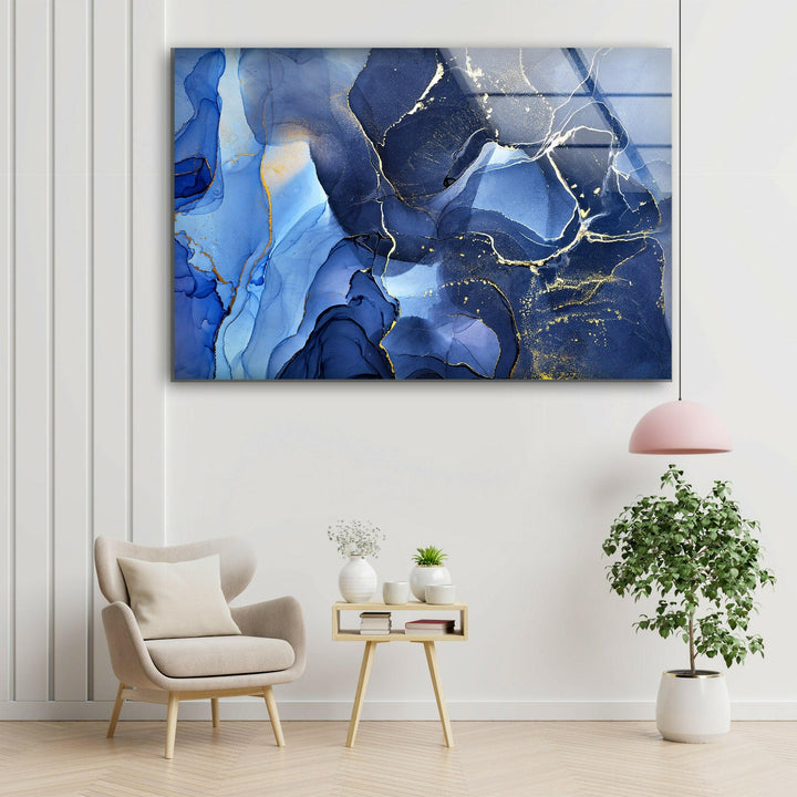 Alcohol ink Blue Abstract Glass Wall Art, picture on glass wall art, photos printed on glass