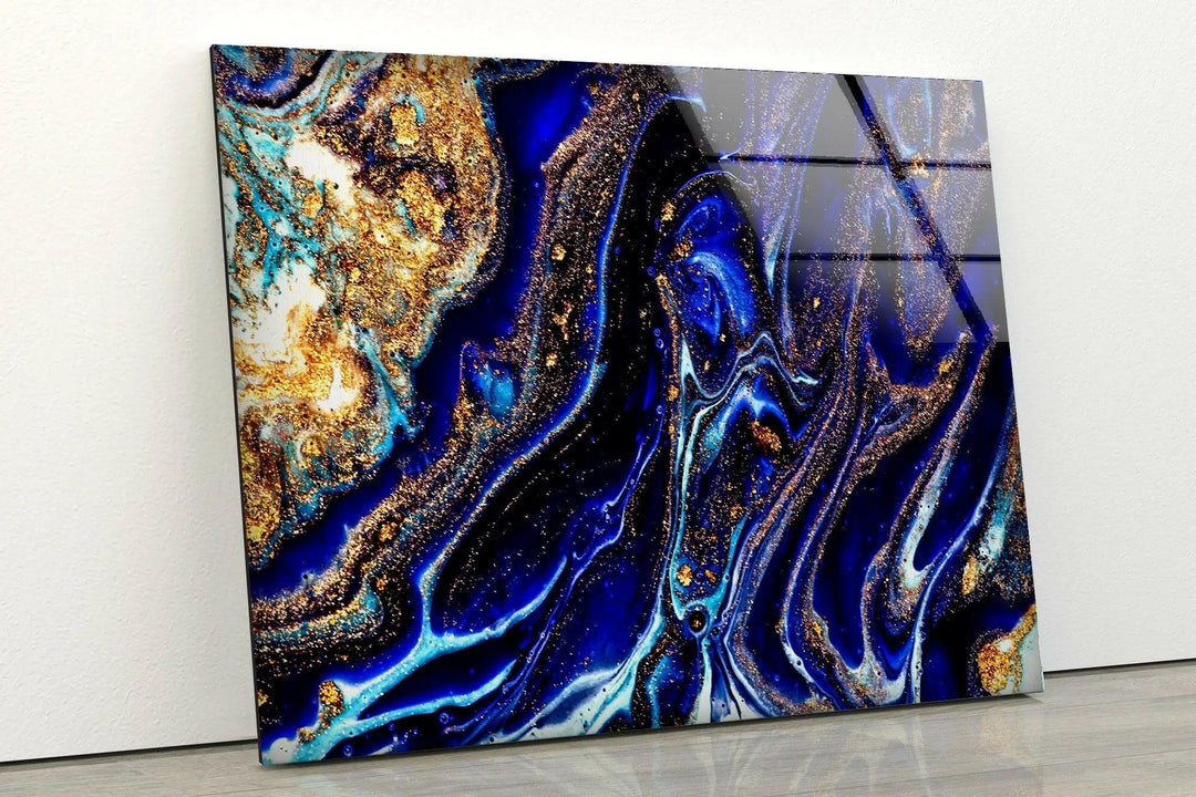 Blue with Gold Sparkles Abstract Glass Wall Art art glass wall art, glass wall art pictures