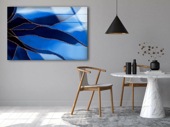 Blue & Gold Abstract Alcohol Ink Glass Wall Art glass art painting, glass art for the Wall