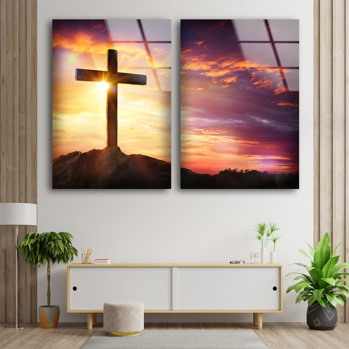 Jesus Christ Cross With Sunset Glass Wall Art, art glass wall art, glass wall art pictures