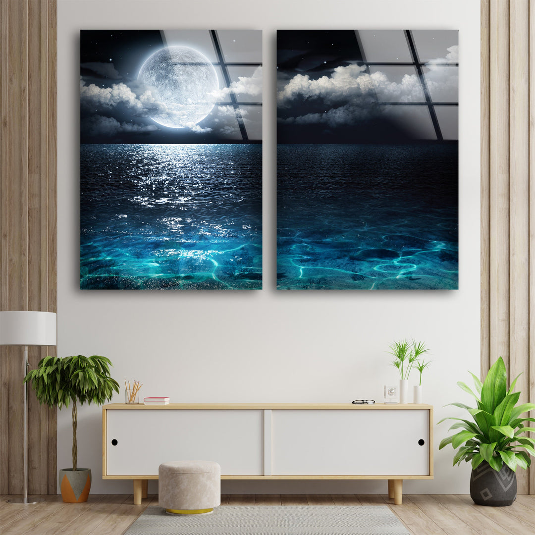 Moon Over Deep Blue Sea Glass Wall Art, print picture on glass, Tempered Glass Wall Art