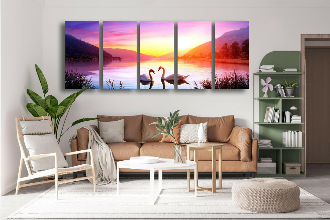 Swans Over Lake At Sunset Landscape Glass Wall Art, photo print on glass, prints on glass wall art