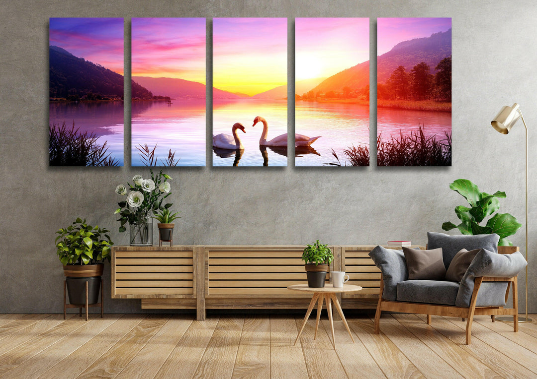 Swans Over Lake At Sunset Landscape Glass Wall Art, custom glass pictures, glass art prints