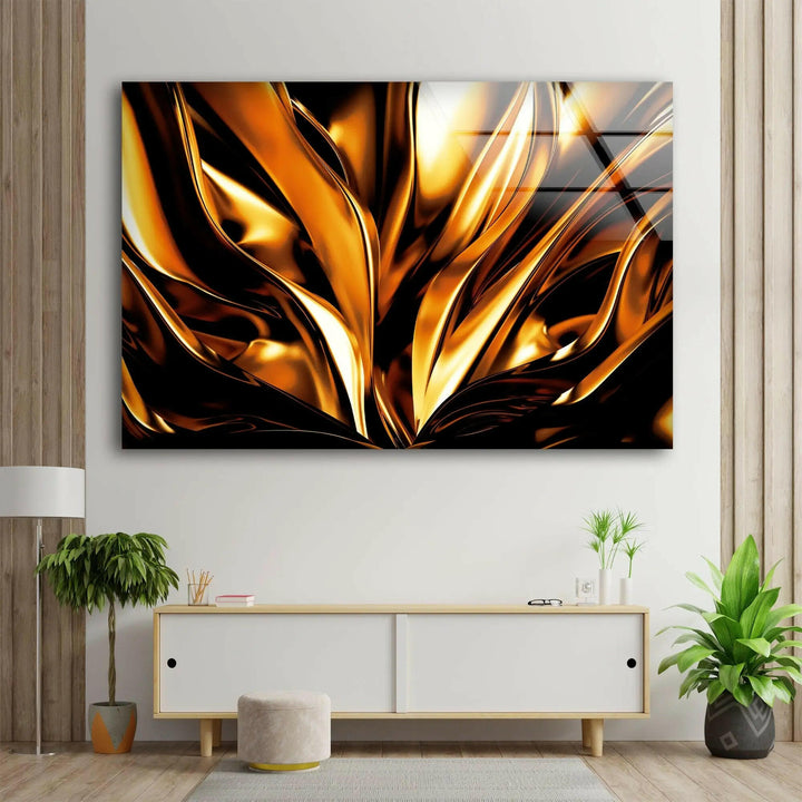 Luxurious Golden Abstract Tempered Glass Wall Art