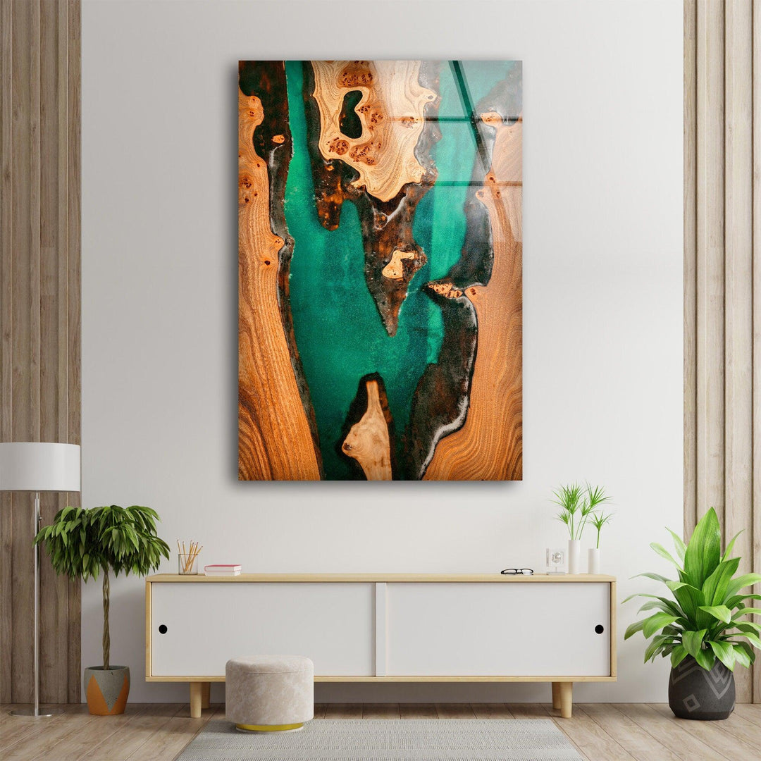 Wooden Green Epoxy Abstract Wall Art on Glass