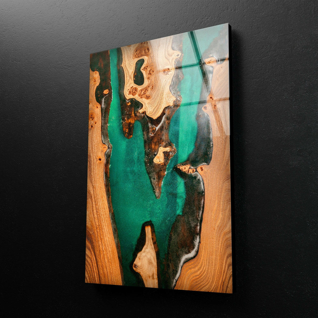 Wooden Green Epoxy Abstract Glass Wall Art