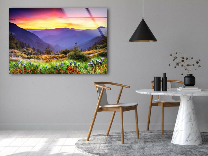 Sunset Colored Mountains Glass Wall Art custom glass pictures, glass art prints