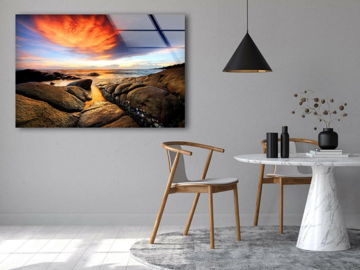 Stone Beach Sunset Glass Wall Art print picture on glass, Tempered Glass Wall Art