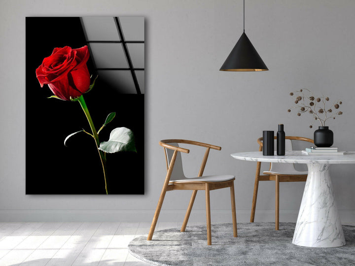 Single Red Rose On Black Glass Wall Art, custom glass pictures, glass art prints