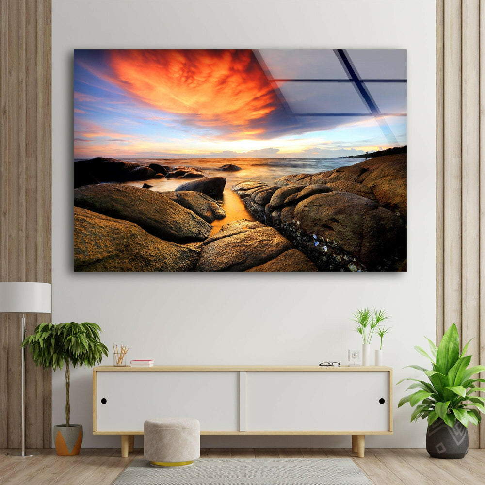 Stone Beach Sunset Glass Wall Art picture on glass wall art, photos printed on glass