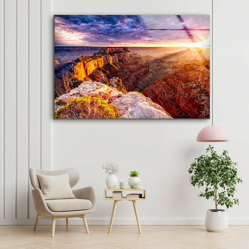 Grand Canyon Golden Sunset Glass Wall Art print on glass, glass printed photos