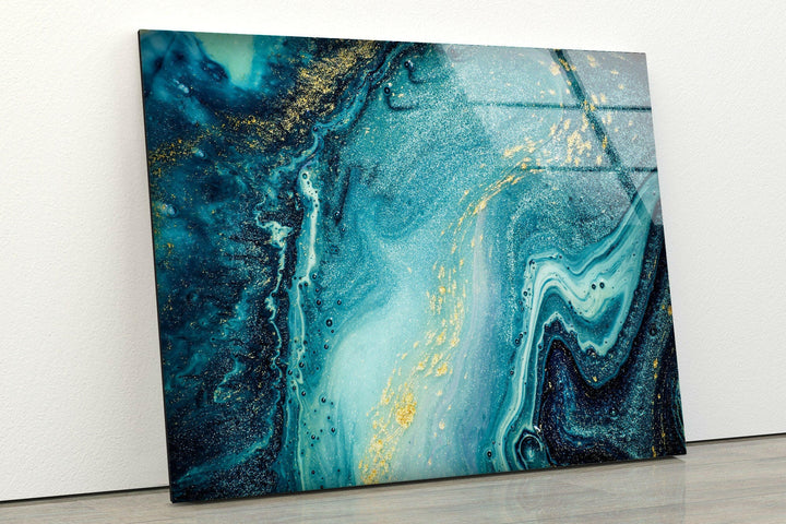 Blue & Gold Abstract Alcohol Ink Glass Wall Art glass art painting, glass art for the Wall