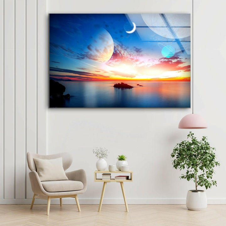 Sunset On The Sea&Planets Glass Wall Art, glass image printing, glass prints from photos