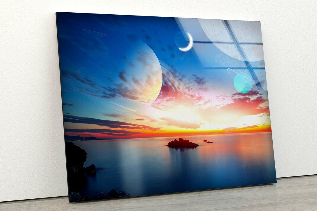 Sunset On The Sea&Planets Glass Wall Art, glass art painting, glass art for the Wall