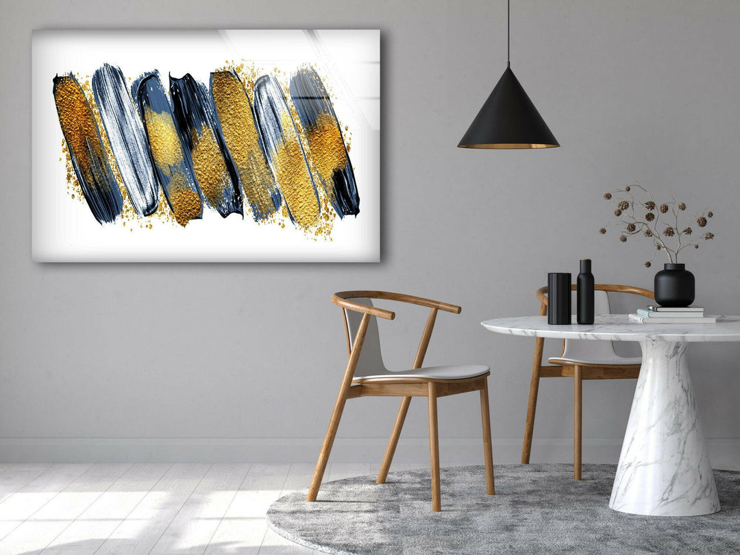 Gold Glitters with Blue Abstract Glass Wall Art, print on glass, glass printed photos