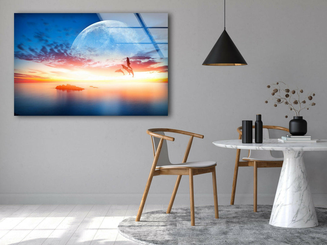 Sunset With Dolphins & Moon Glass Wall Art picture on glass wall art, photos printed on glass