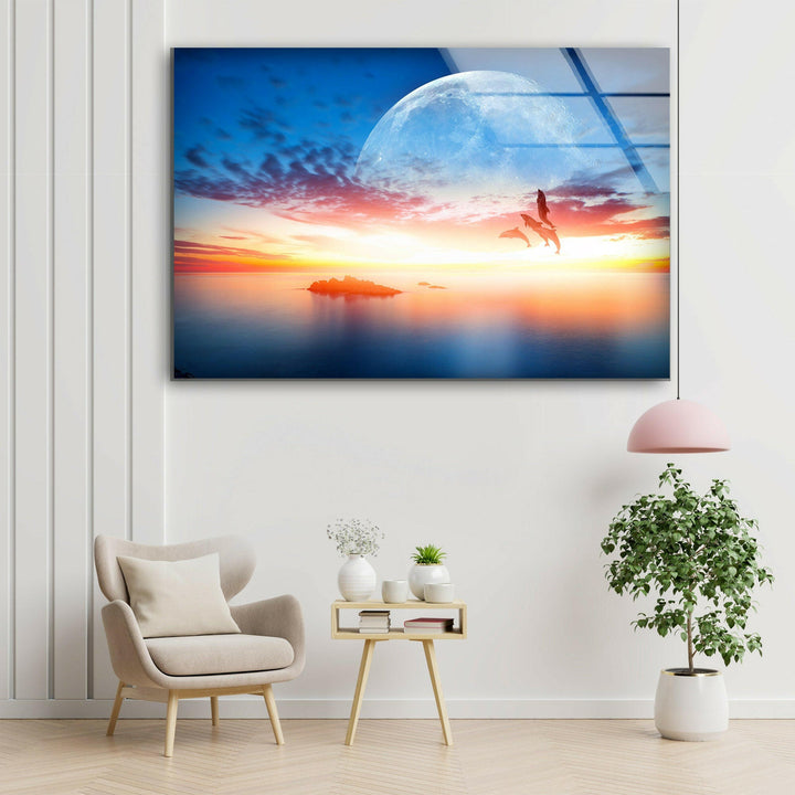 Sunset With Dolphins & Moon Glass Wall Art custom glass pictures, glass art prints