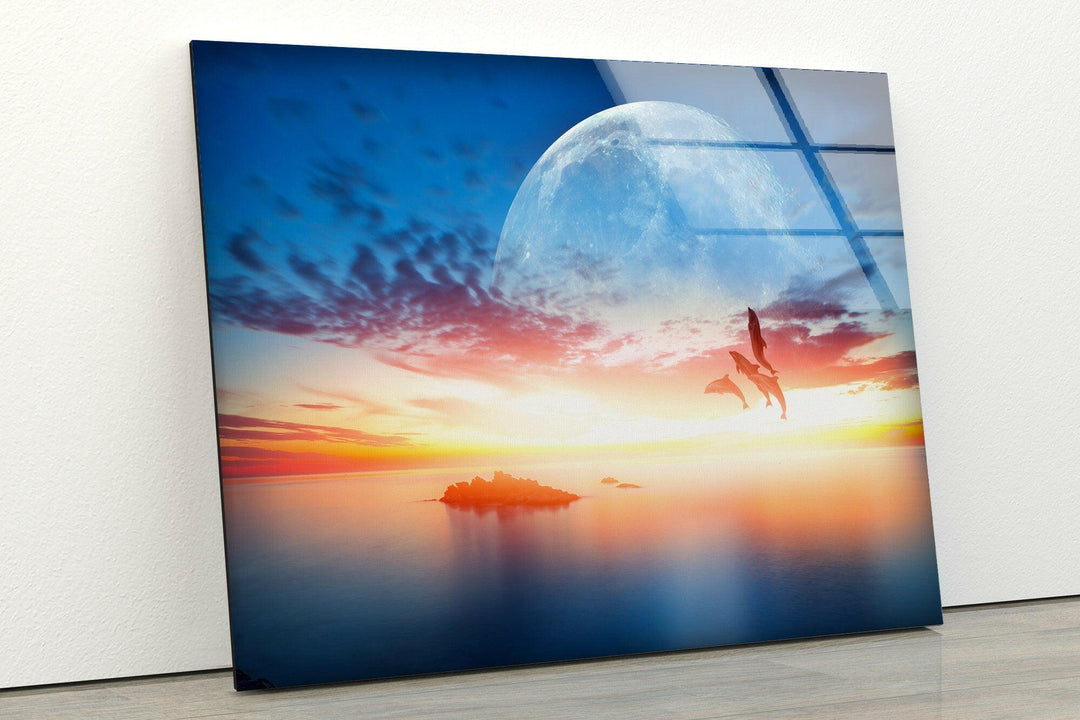 Sunset With Dolphins & Moon Glass Wall Art glass pictures for Wall, glass prints wall art