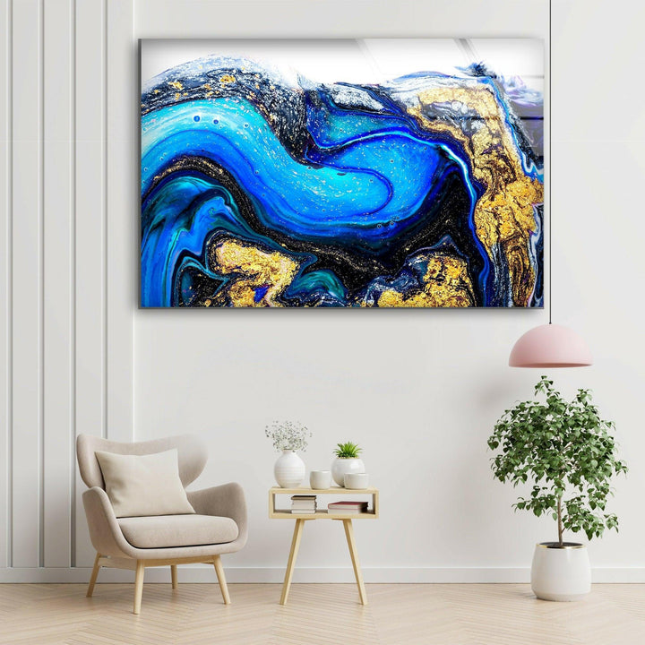 Blue Gold Marble Abstract Glass Wall Art Glass Printing Wall Art, Print photos on glass