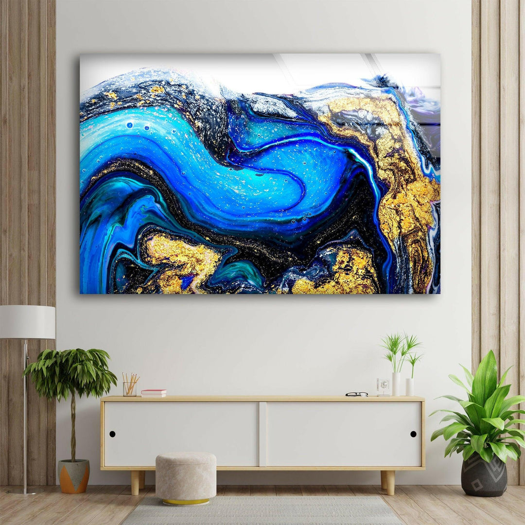 Blue Gold Marble Abstract Glass Wall Art glass wall decor, glass wall art decor