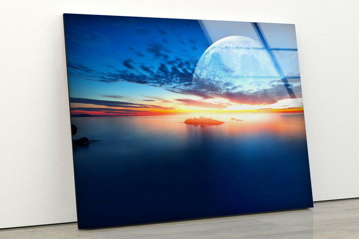 Sunset at Sea With Moon Glass Wall Art large glass photo prints, glass wall photos