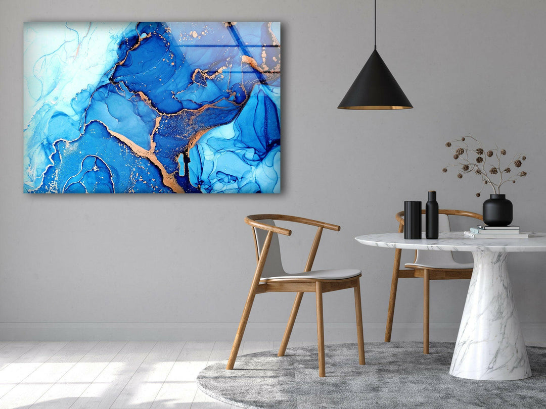 High-Quality Glass Photo Prints Decor Blue and Gold Abstract Tempered Glass Wall Art - MyPhotoStation