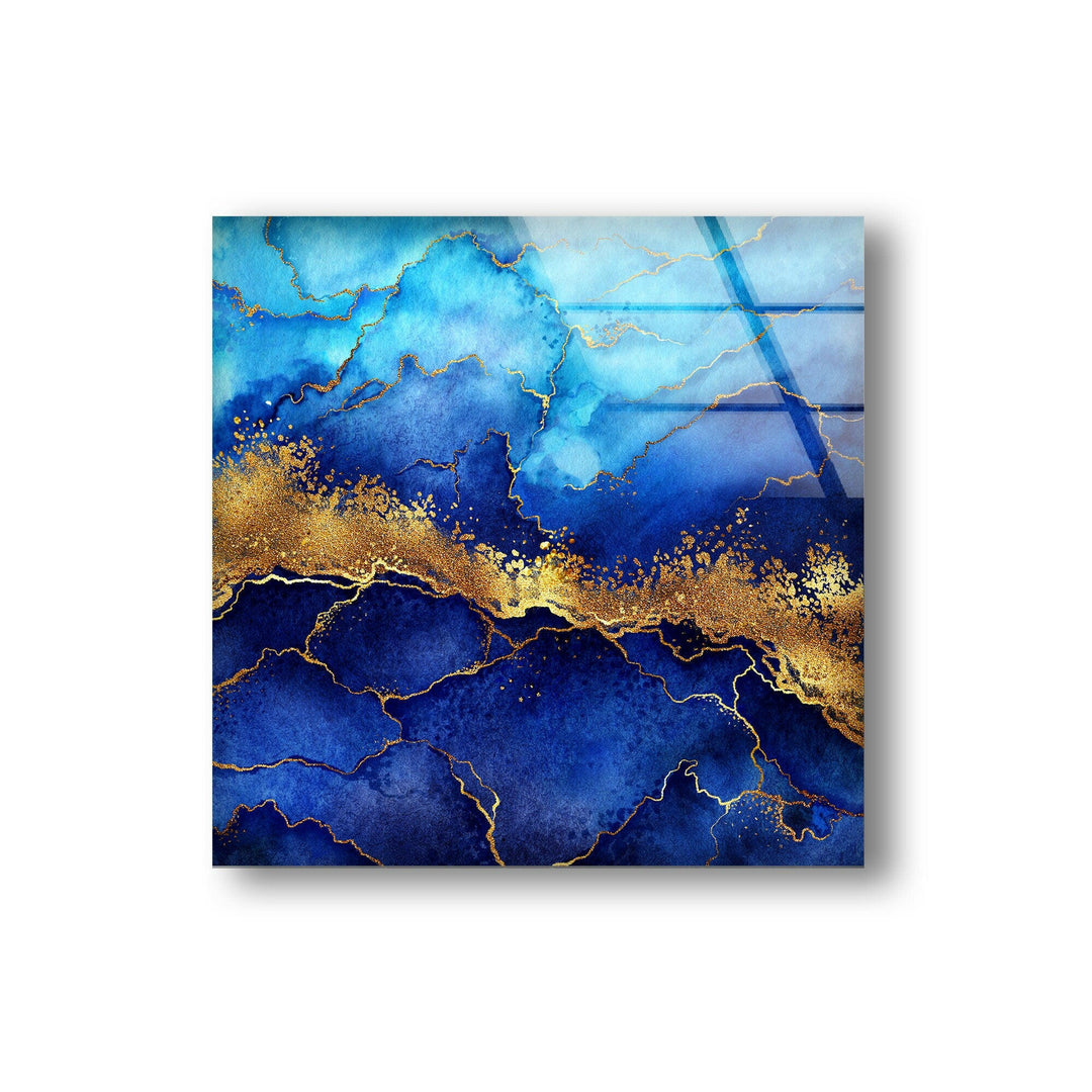 Blue and Golden Abstract Glass Wall Art photo print on glass, prints on glass wall art