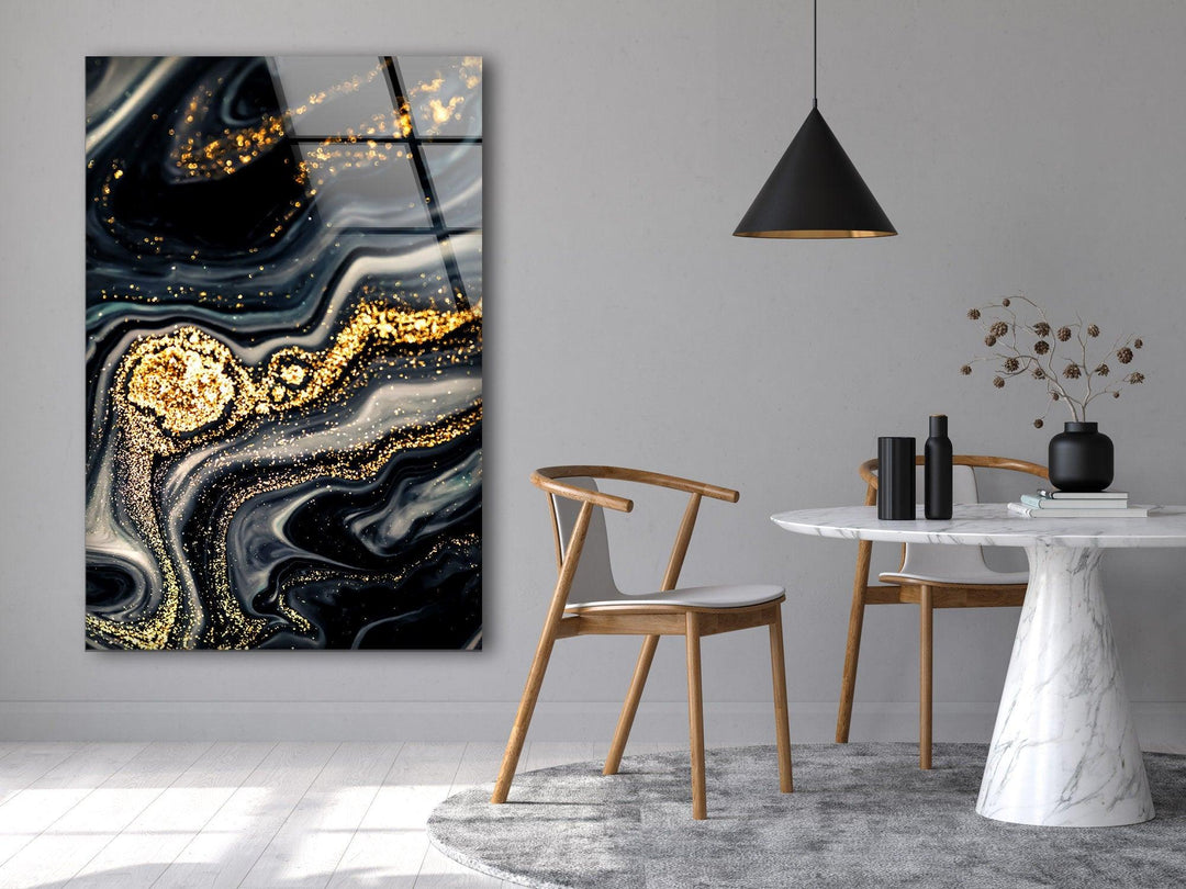 Black Gold Marble Abstract Glass Wall Art photo print on glass, prints on glass wall art