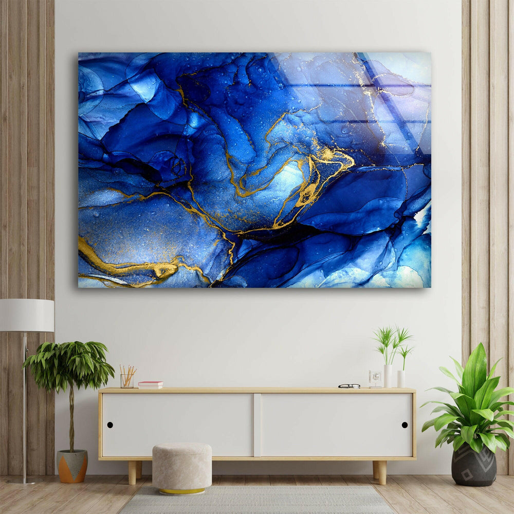 Gold & Blue Alcohol Ink Abstract Glass Wall Art glass wall decor, glass wall art decor