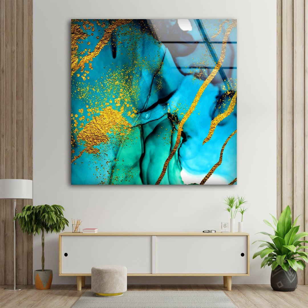 Blue and Golden Marble Glass Wall Art large glass photo prints, glass wall photos