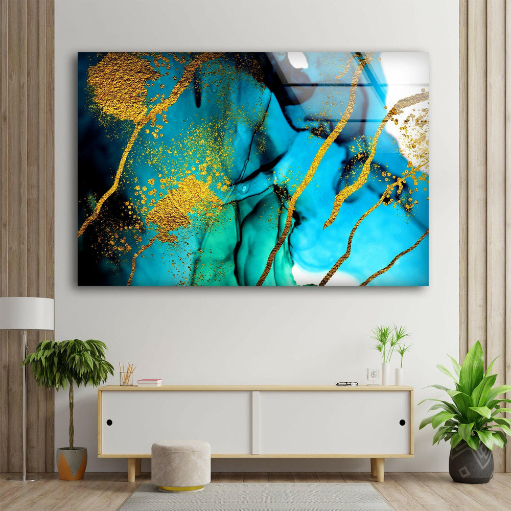 Blue and Golden Marble Glass Wall Art glass pictures for Wall, glass prints wall art