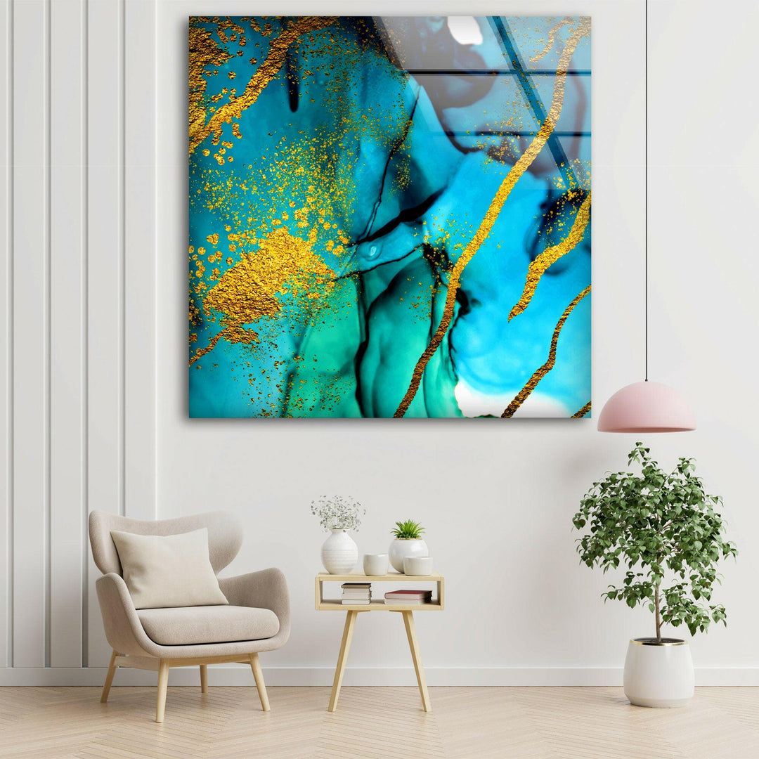 Blue and Golden Marble Glass Wall Art picture on glass wall art, photos printed on glass