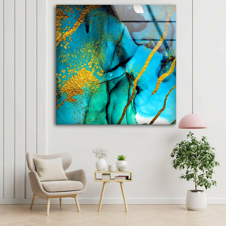 Blue and Golden Marble Glass Wall Art picture on glass wall art, photos printed on glass