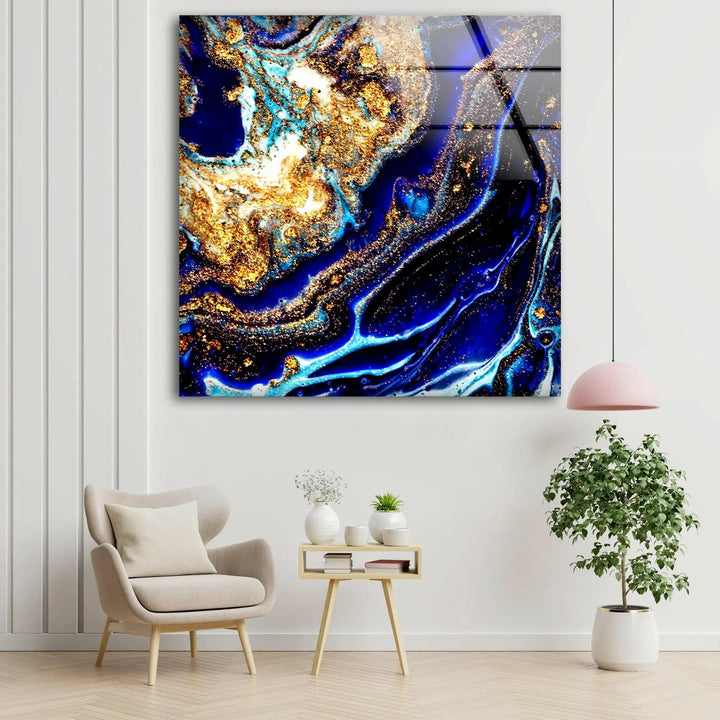 Blue with Gold Sparkles Abstract Glass Wall Art glass wall decor, glass wall art decor