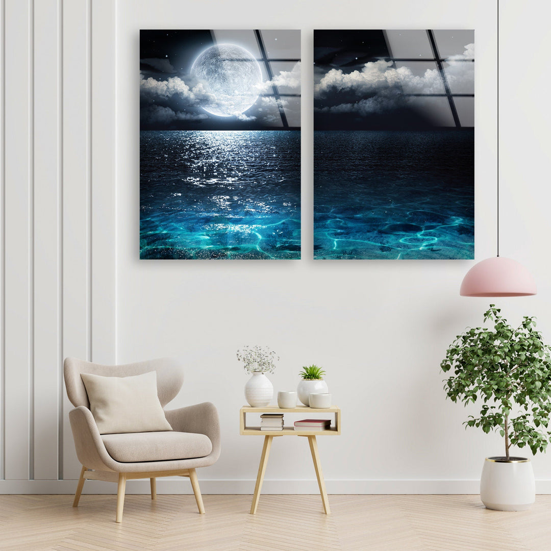 Moon Over Deep Blue Sea Glass Wall Art, custom glass photo prints, large glass prints