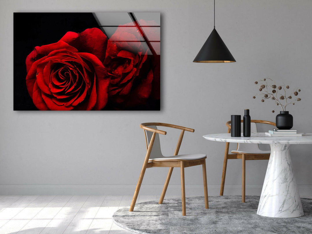 Red Rose Flower On Black Glass Wall Art, glass pictures for Wall, glass prints wall art
