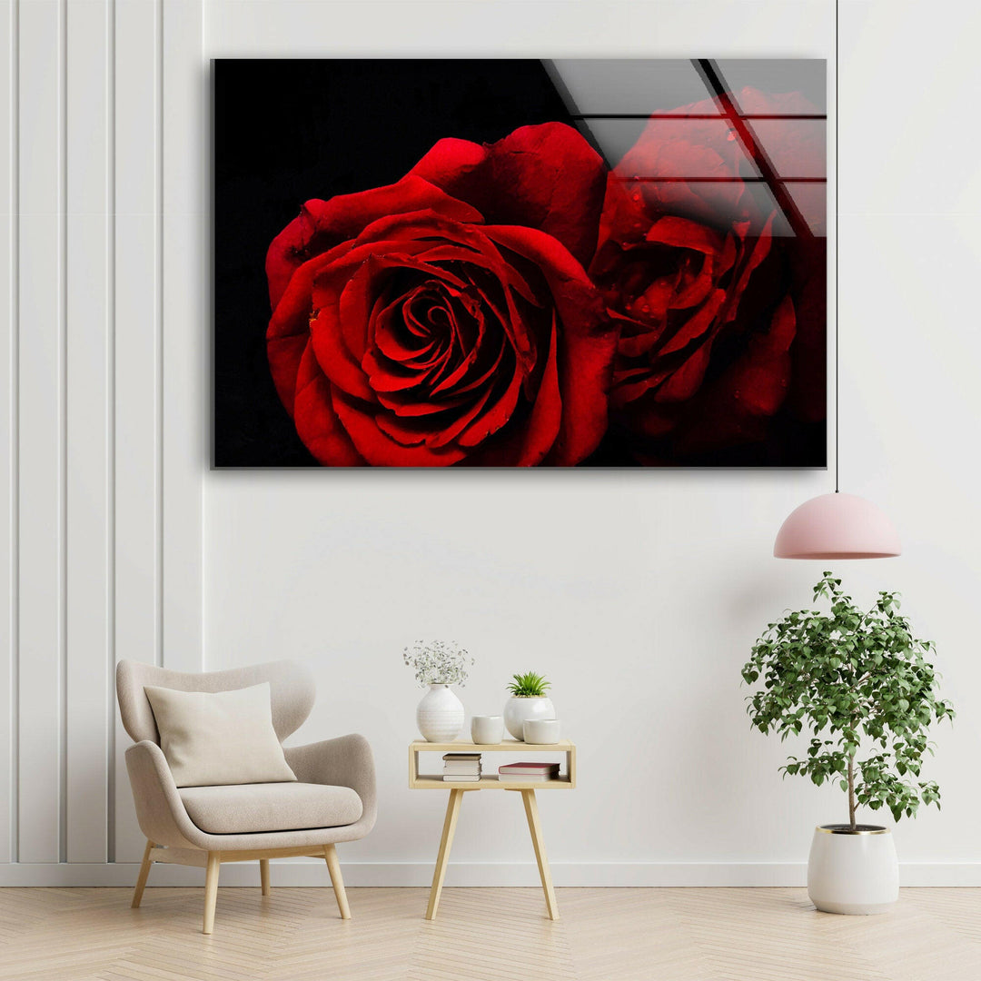 Red Rose Flower On Black Glass Wall Art, custom glass pictures, glass art prints
