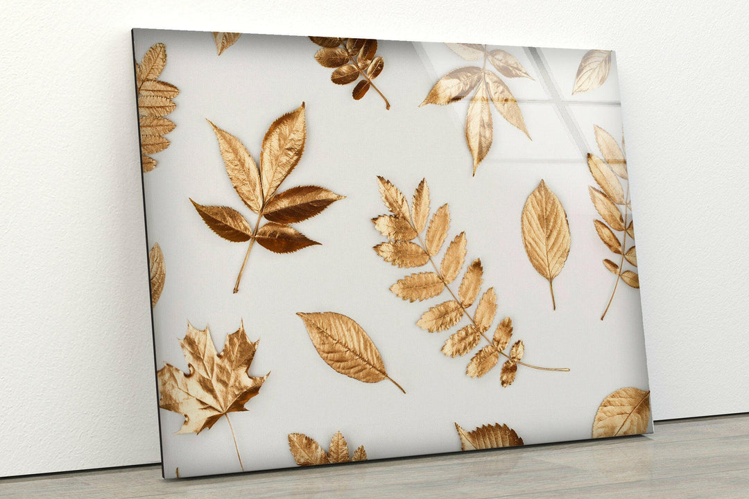 Golden Leaves Glass Wall Art, custom glass pictures, glass art prints