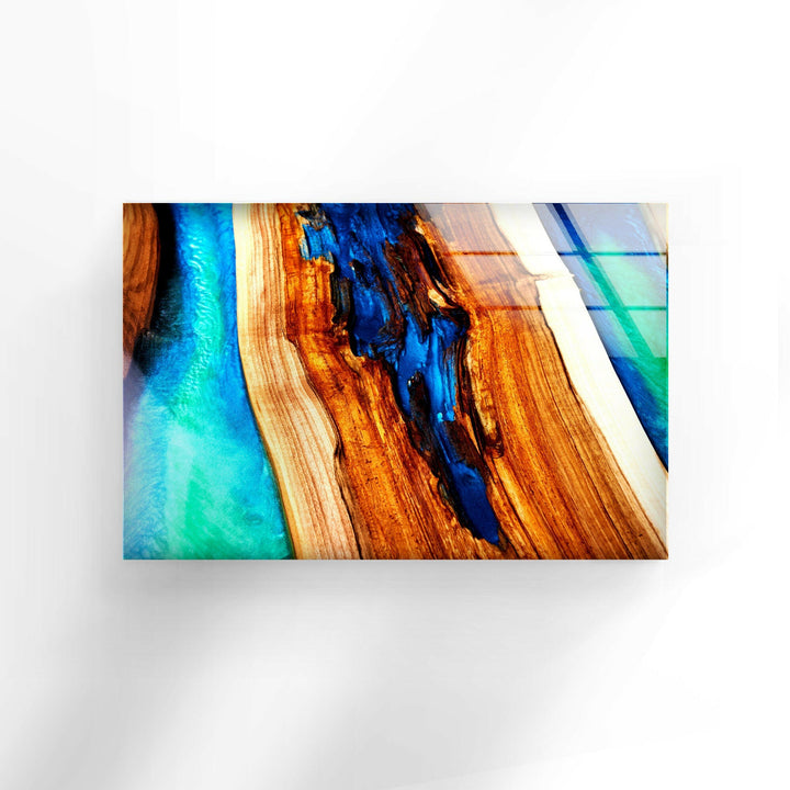 Blue Wood Epoxy Abstract Glass Wall Art, glass photo prints, glass picture prints