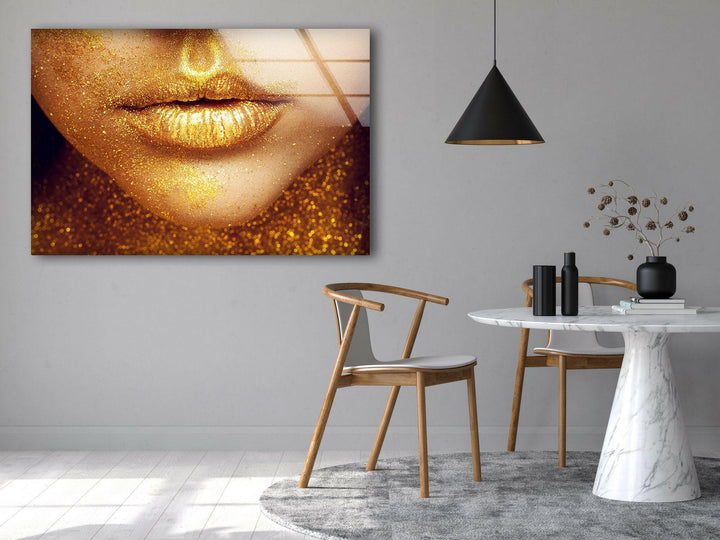 Gold Lips Black Woman Tempered Glass Wall Art - MyPhotoStation