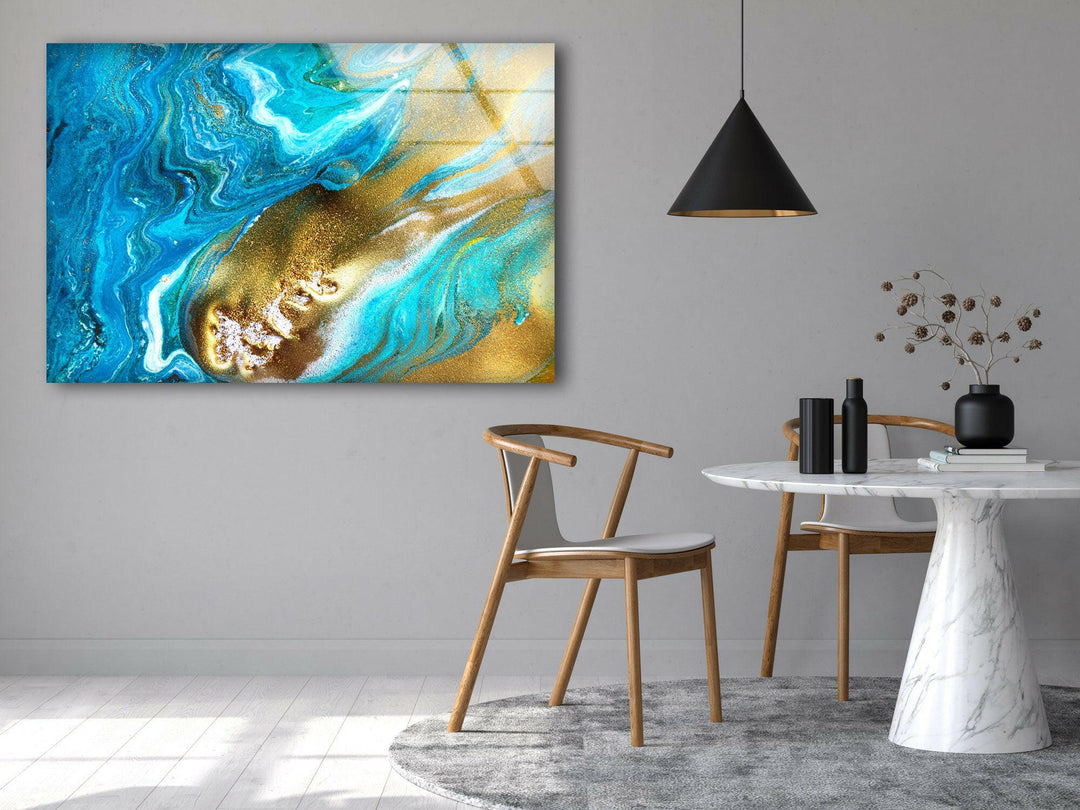 turquoise and gold abstract tempered glass wall art