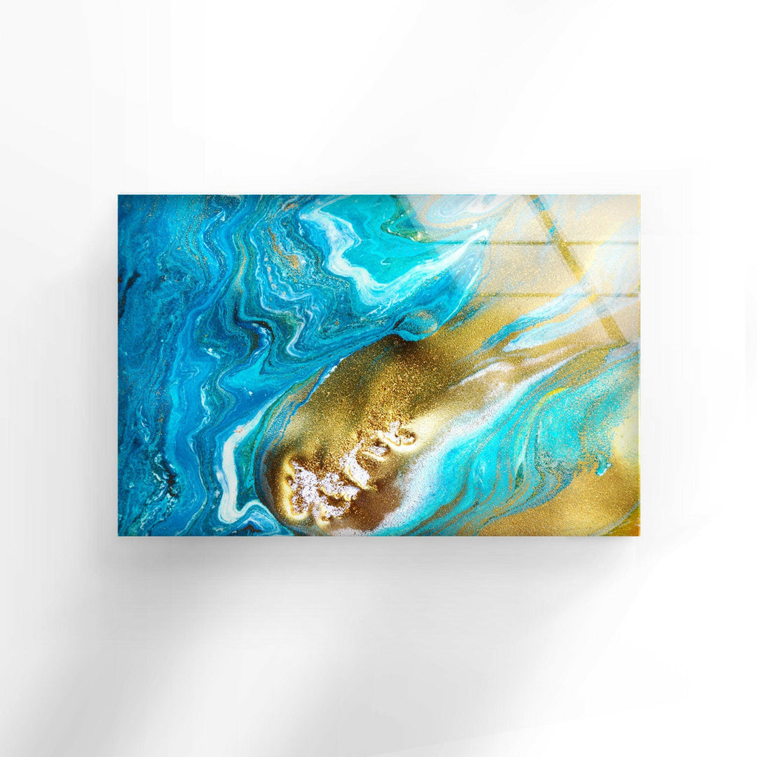 turquoise and gold abstract glass printing wall art