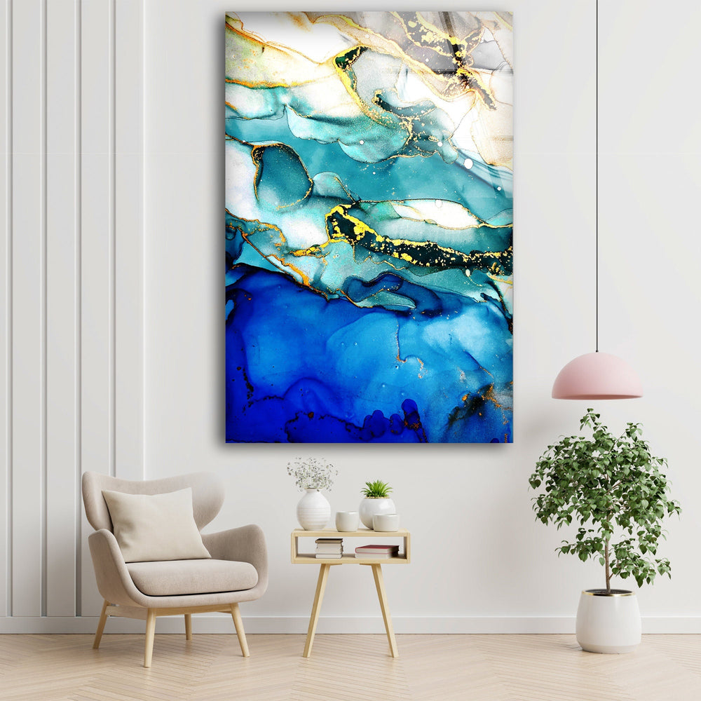 Blue and Gold Alcohol Ink Abstract Glass Wall Art glass wall decor, glass wall art decor
