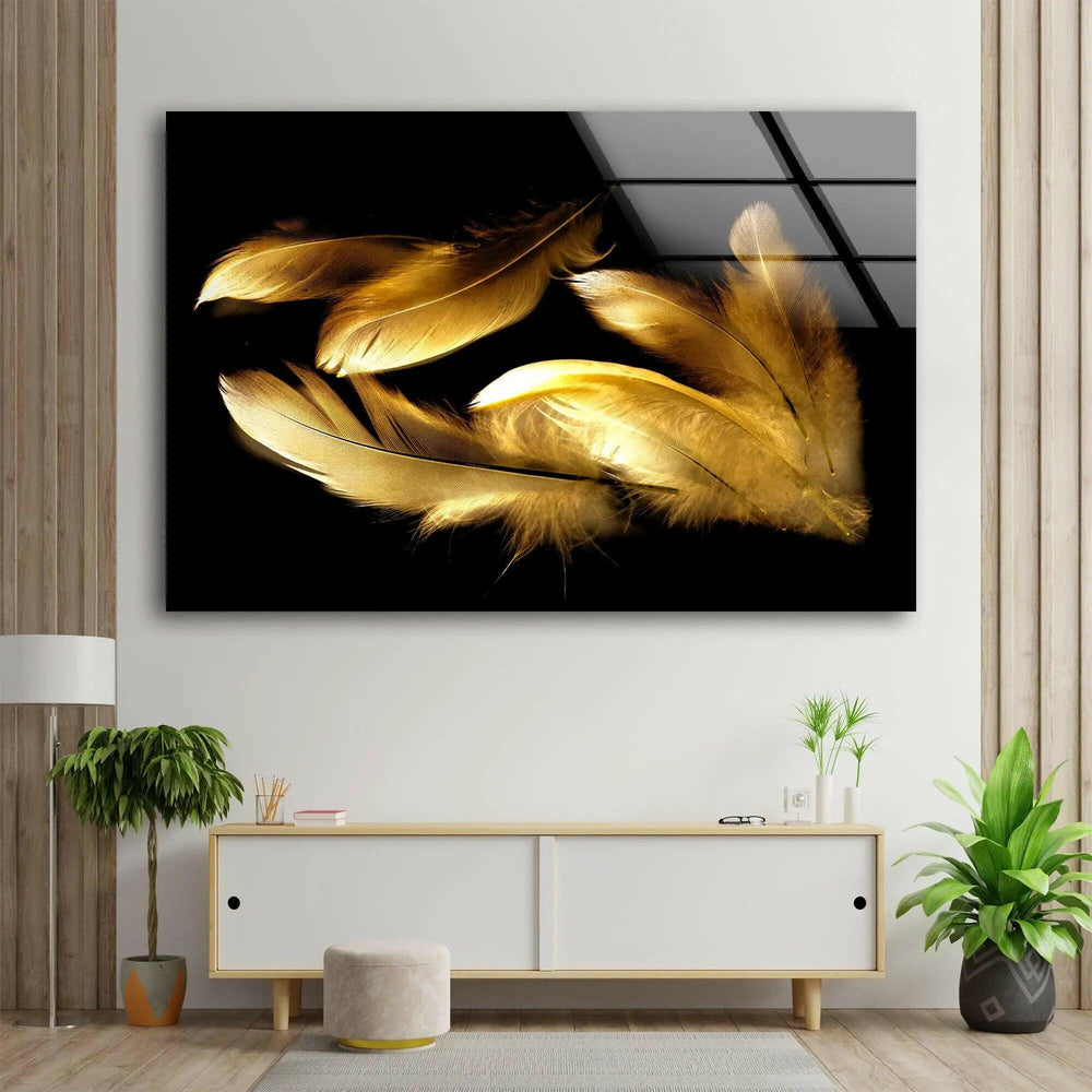 Gold Feathers with Black Background Glass Art Print