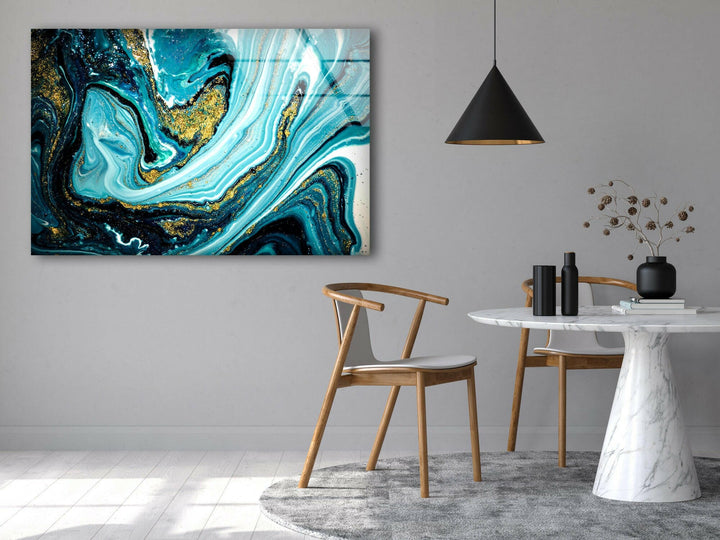 Blue Alcohol ink with gold veins tempered glass wall art